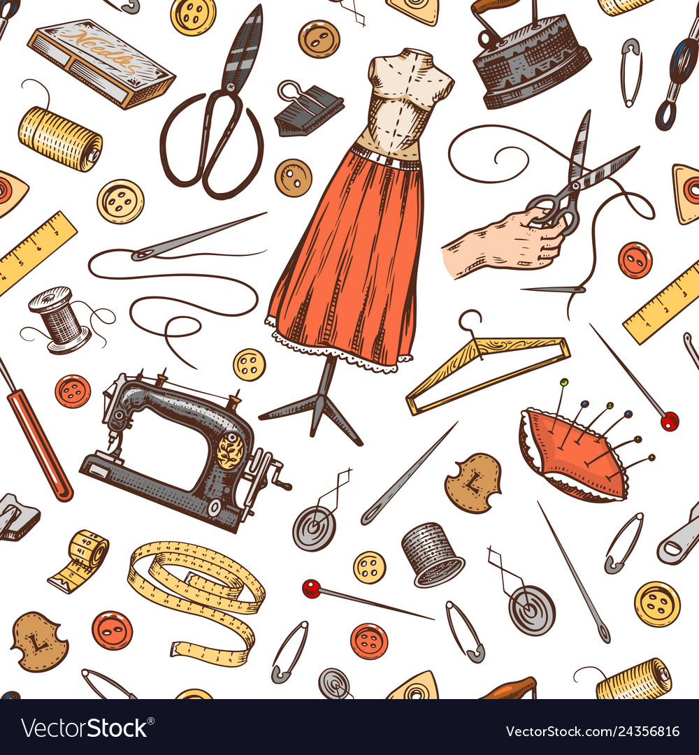 Sewing Seamless Pattern Tools And Elements Or Vector Image