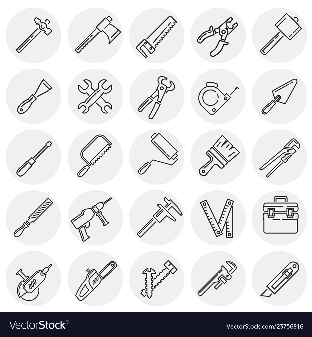 Tools icons line set on circles background vector image Tools icons line set on circles background