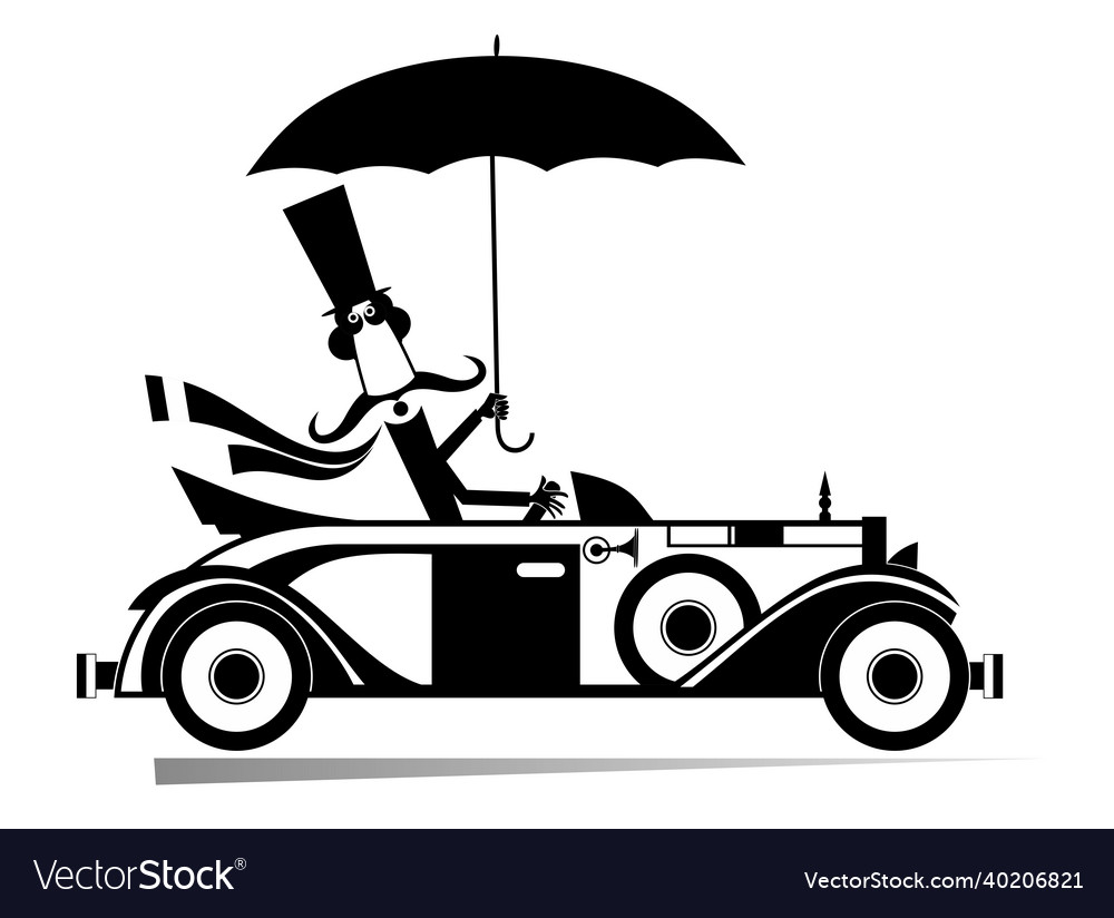 Cartoon man with umbrella drives a car Royalty Free Vector