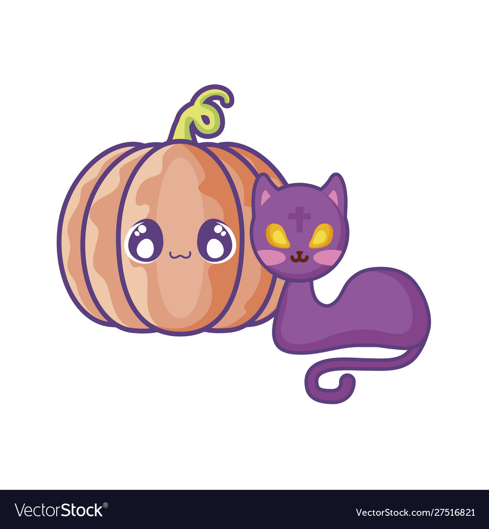 Cute cat with pumpkin on white background
