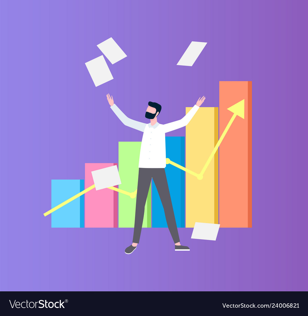 Man throwing up papers near flowchart flat vector image Man throwing up papers near flowchart flat