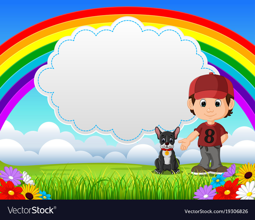 Cute boy with dog in park on rainbow day Vector Image