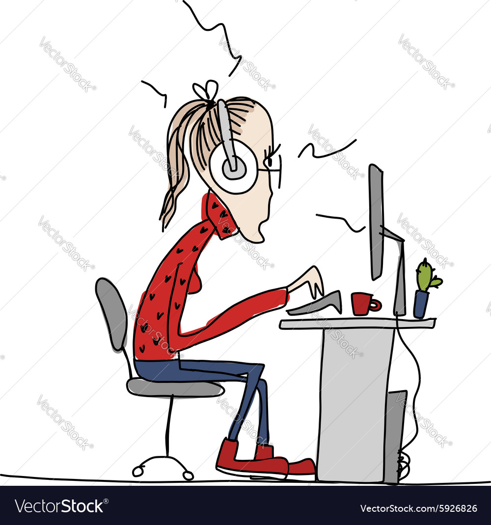 Programmer woman at work sketch for your design