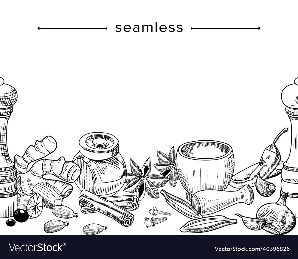 Seamless pattern with spices doodle composition vector image Seamless pattern with spices doodle composition