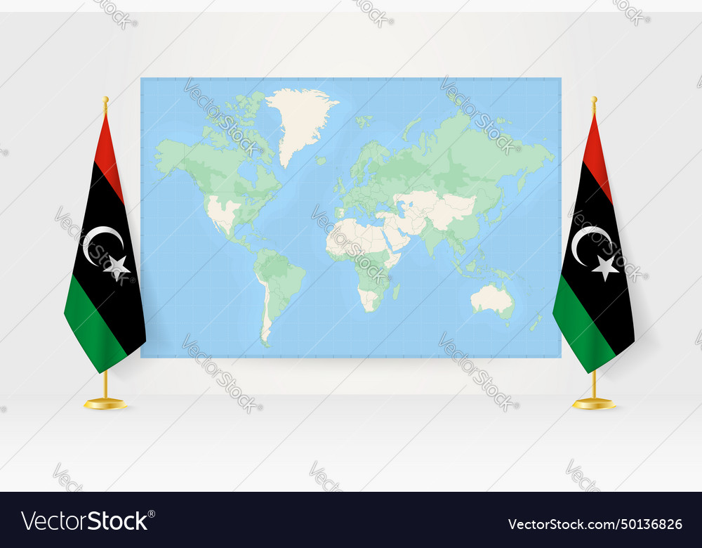World map between two hanging flags of libya flag vector image World map between two hanging flags of libya flag