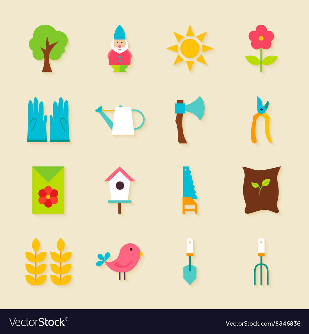 Gardening tools flat objects set with shadow