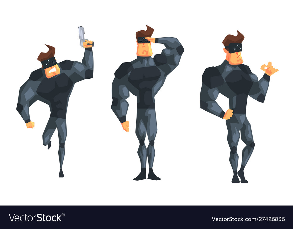 Secret agent in black suir different actions vector image Secret agent in black suir different actions