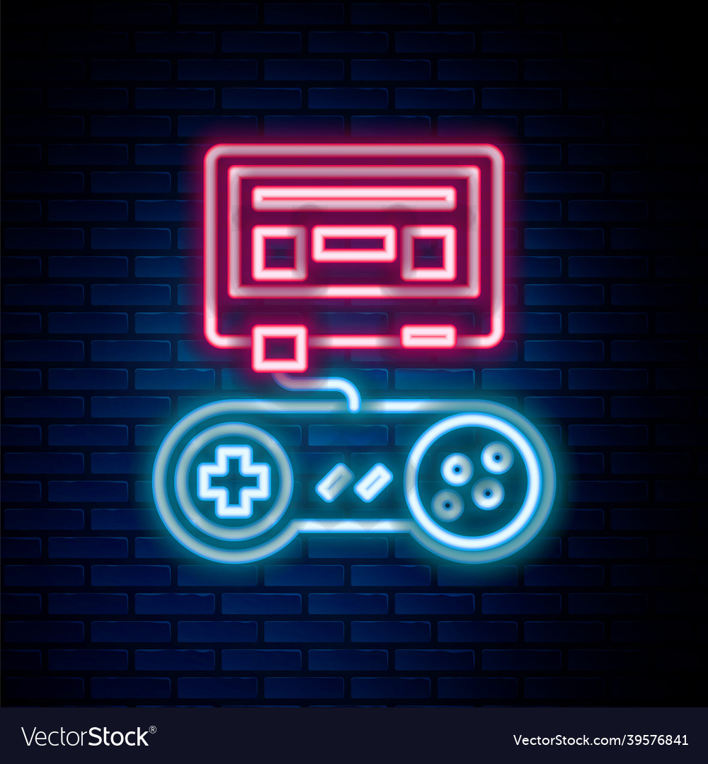 Glowing neon line video game console with joystick vector image Glowing neon line video game console with joystick