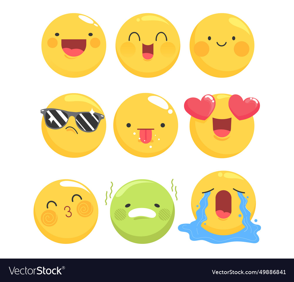 Set Of Eight Yellow Emoji Faces Showing Different Vector Image