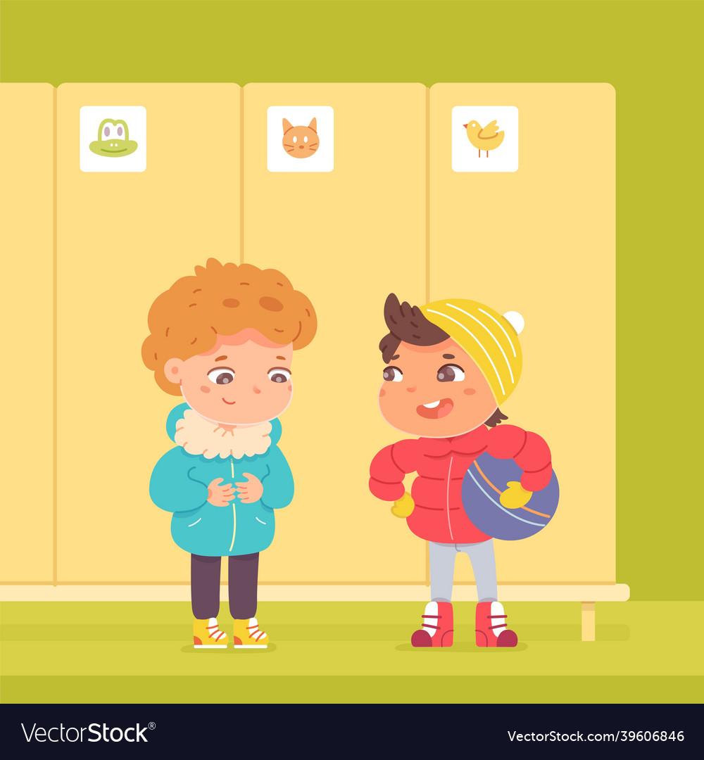 Boys in winter clothes standing at lockers