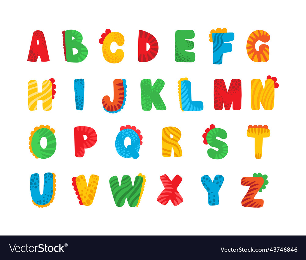 Child font alphabet color dinosaur text Royalty Free Vector