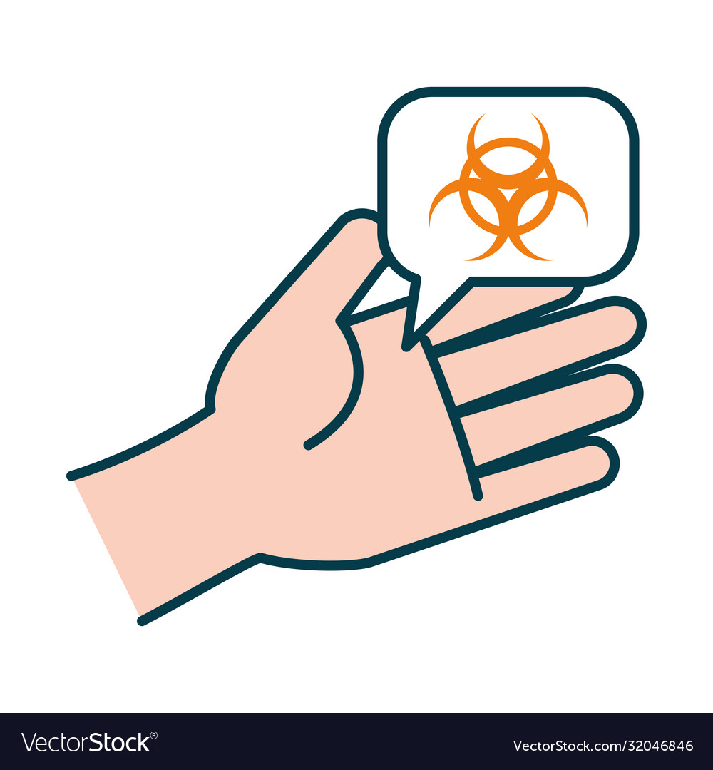 Hand and speech bubble with biohazard symbol line