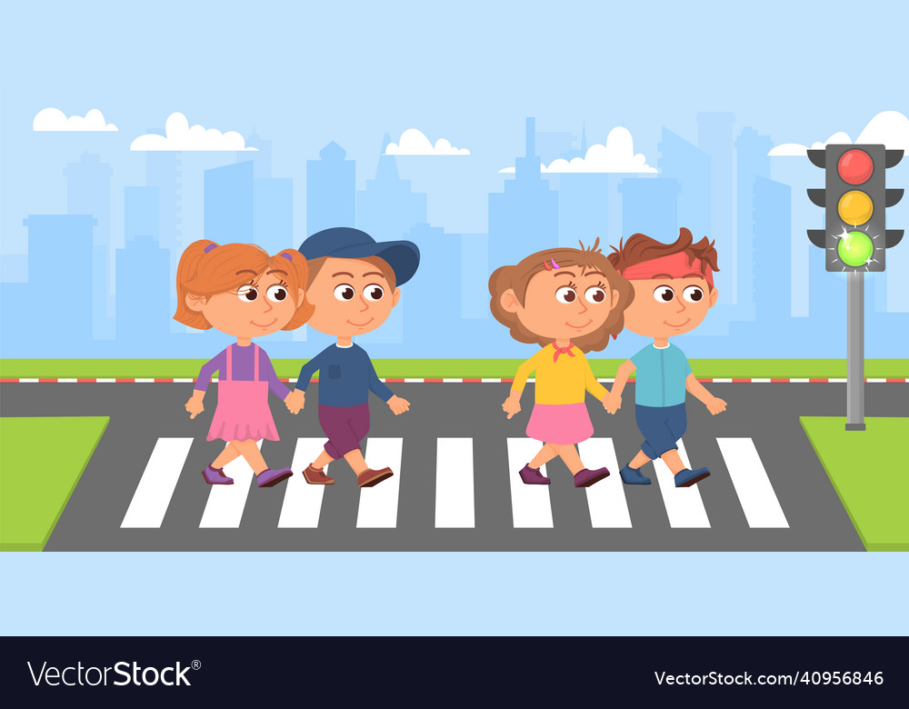 Kids on crosswalk kid street crossing student Vector Image