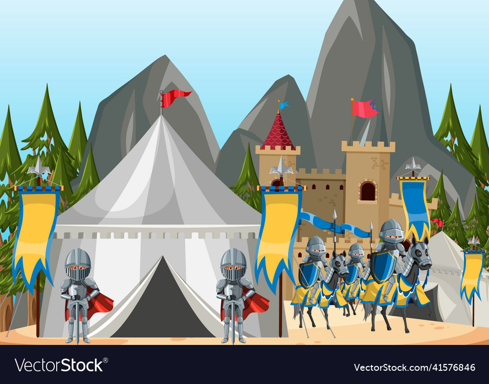 Medieval army camp scene with knights