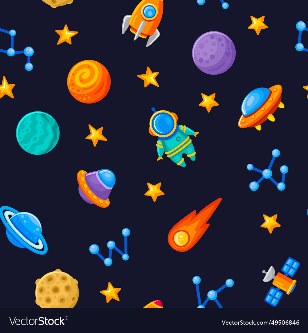 Space seamless pattern on dark background cartoon Vector Image