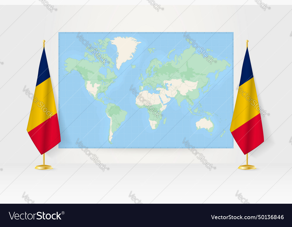 World map between two hanging flags of chad flag vector image World map between two hanging flags of chad flag