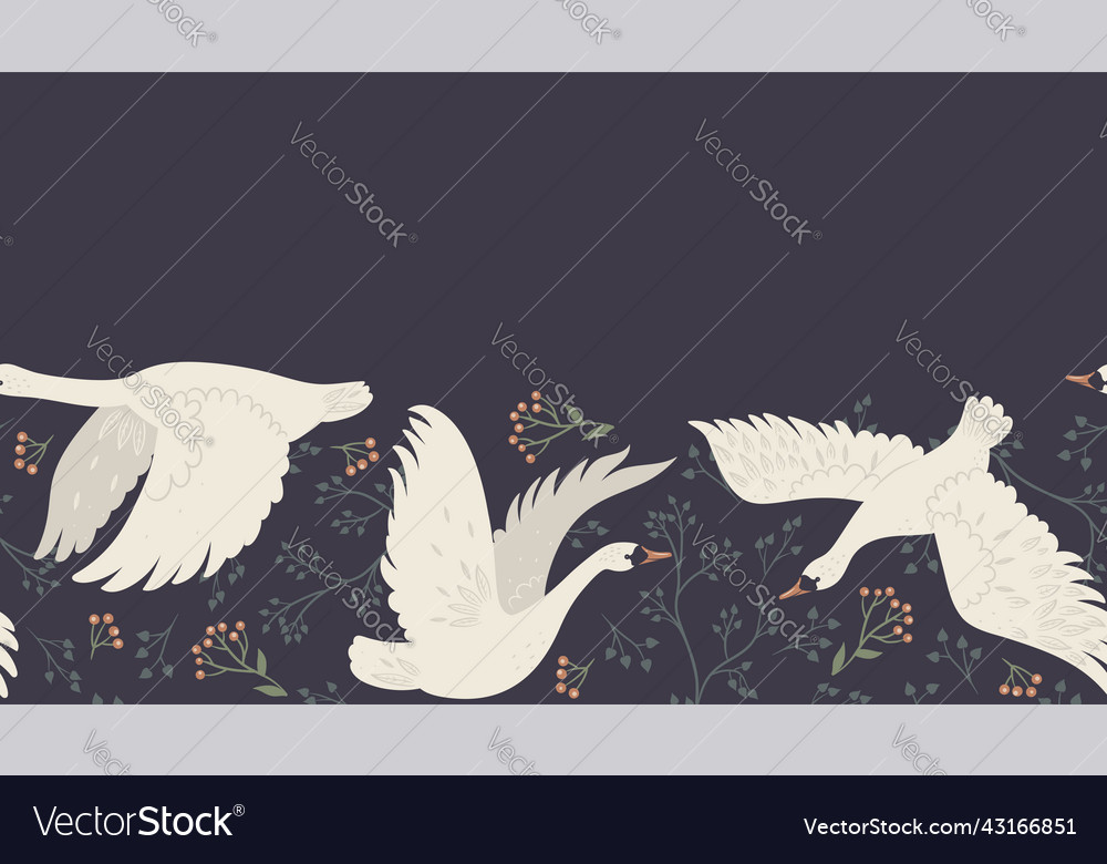 Seamless border with flying swans on a dark vector image Seamless border with flying swans on a dark