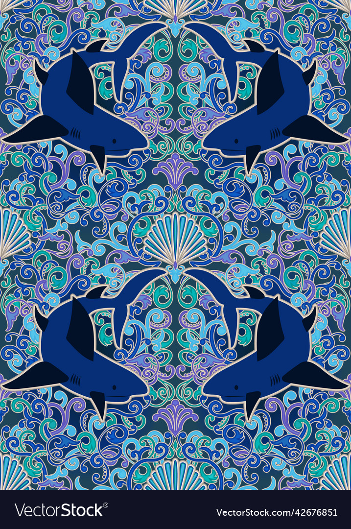 Seamless underwater pattern with shark seashell