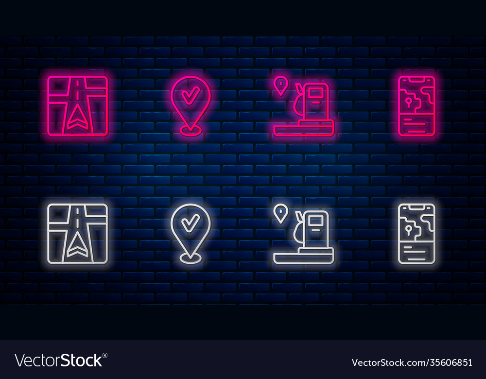 Set line location with check mark and gas station vector image Set line location with check mark and gas station