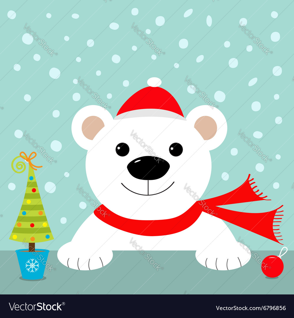 Big white polar bear in santa claus hat and scarf