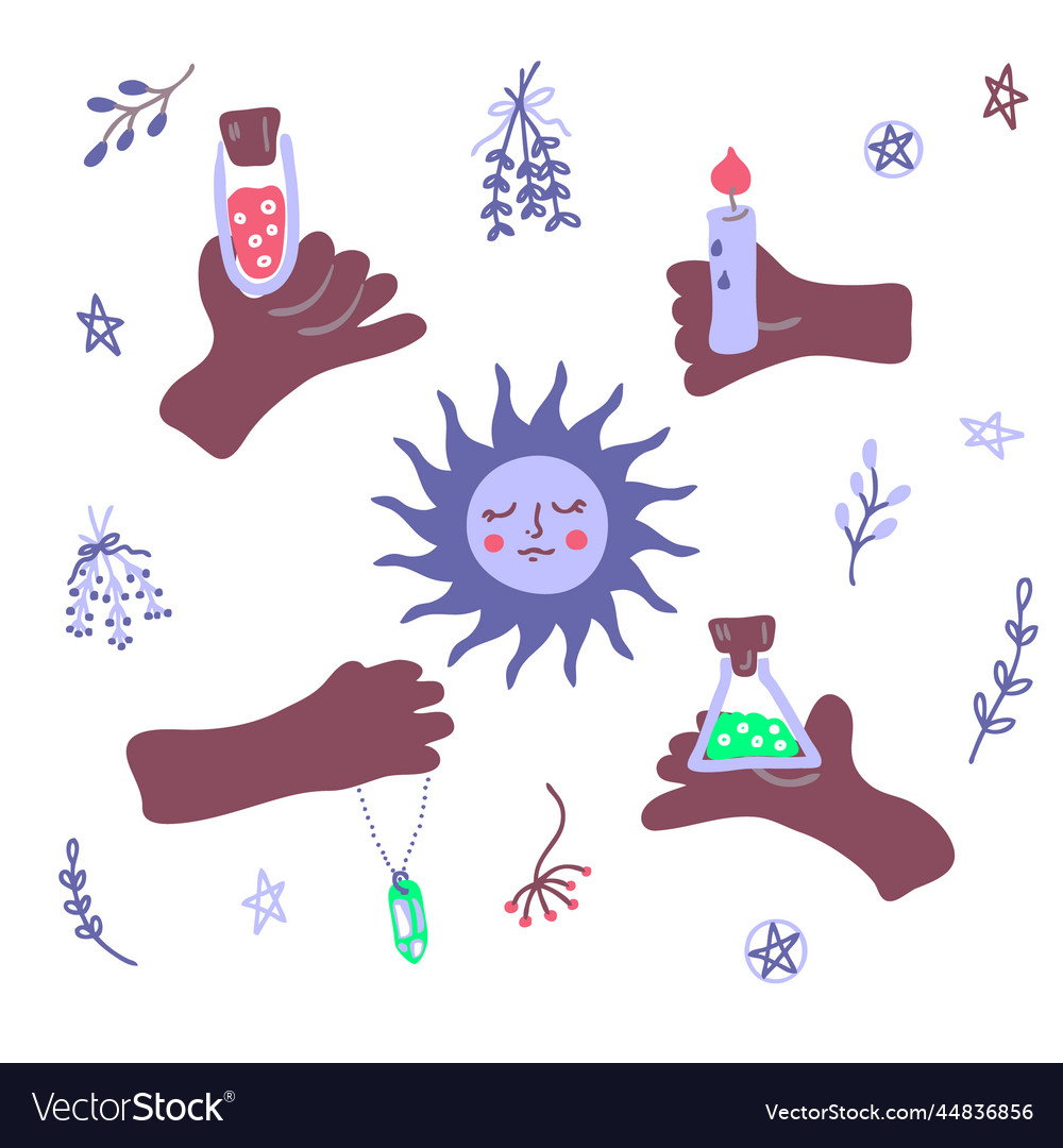 Hands with magic esoteric objects doodle