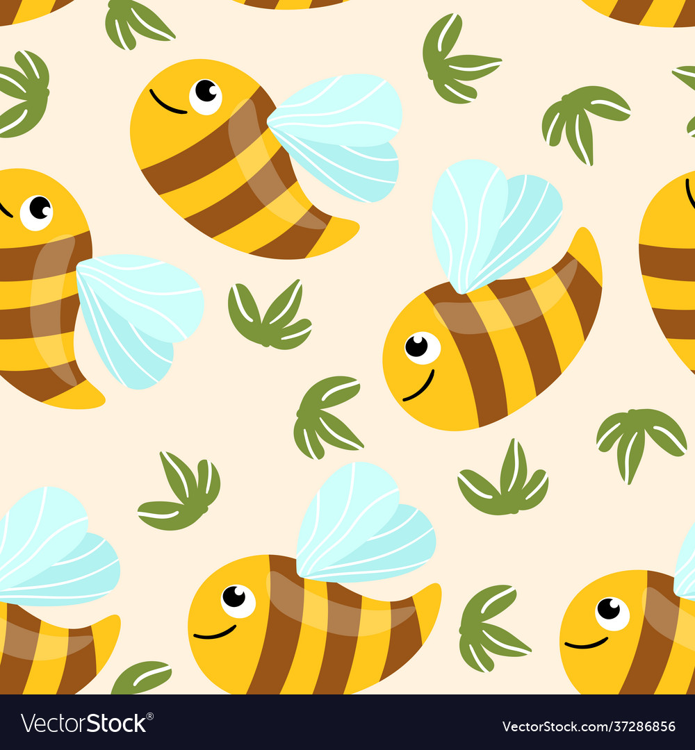 Seamless pattern with bees and leaves on color Vector Image Seamless pattern with bees and leaves on color