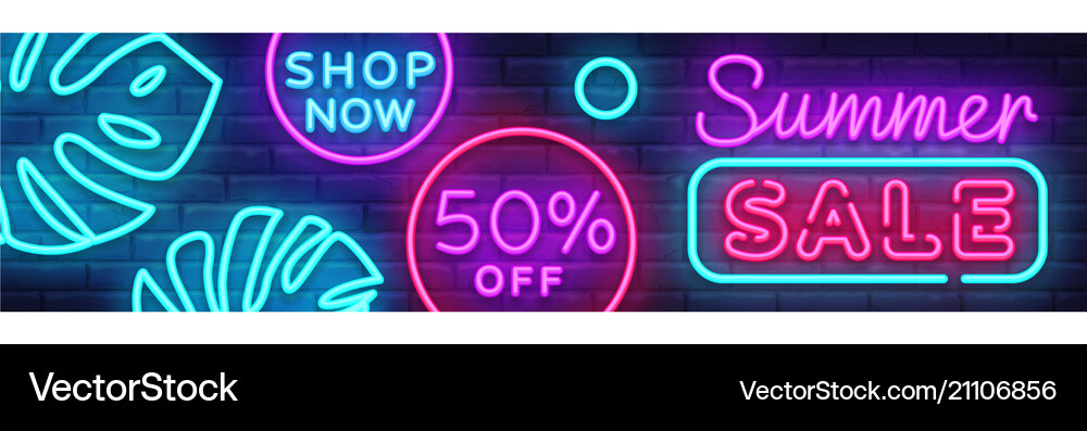 Summer Sale Neon Horizontal Banner Royalty Free Vector Image