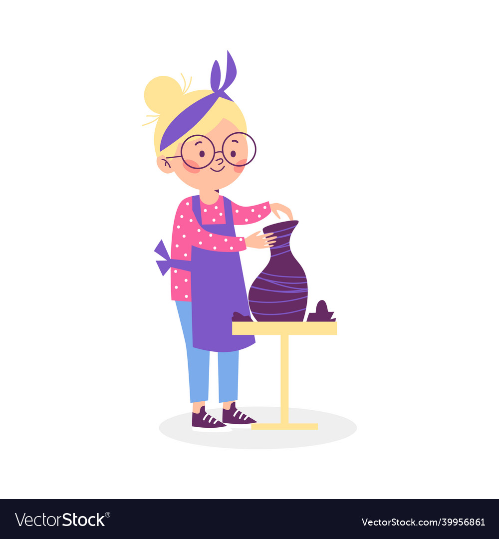 Child girl potter making ceramic pot flat Vector Image Child girl potter making ceramic pot flat Vector Image