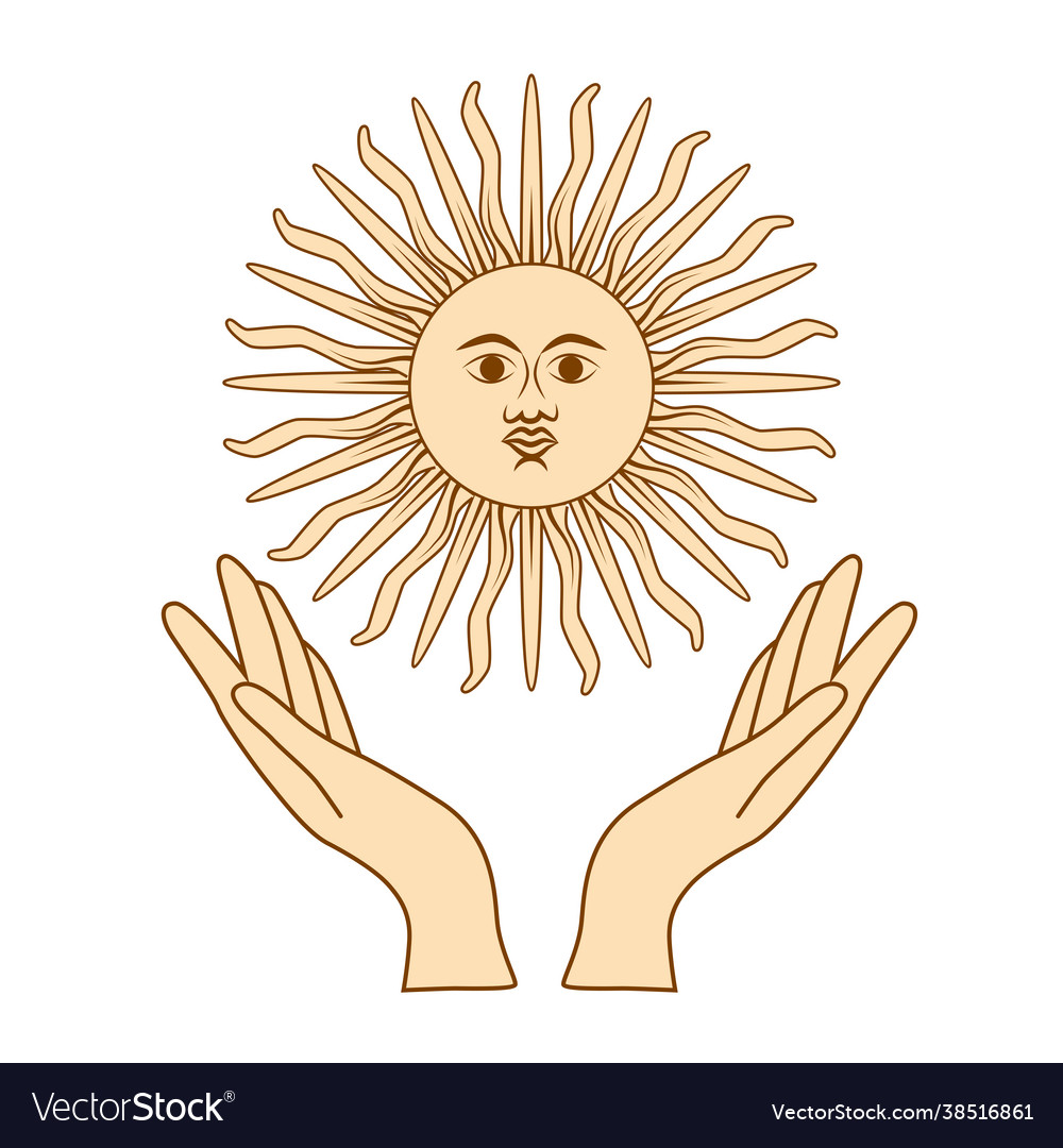 Mystical drawing human hands hold sun circle Vector Image