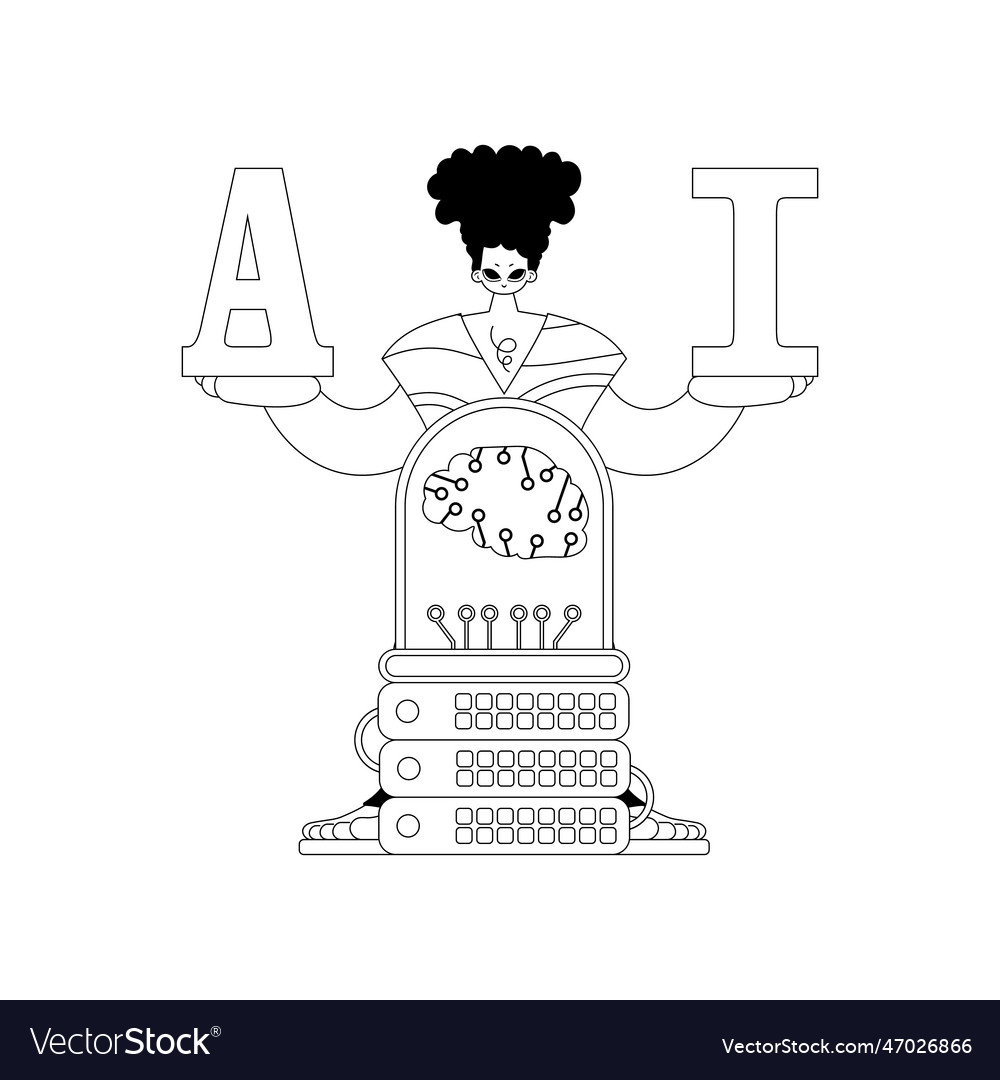 Ai guy and server in linear style with theme vector image Ai guy and server in linear style with theme
