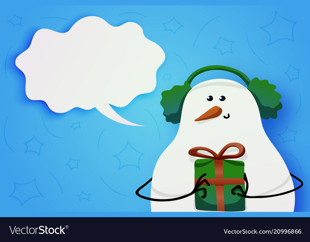 Cute snowman in winter fur headphones and a gift