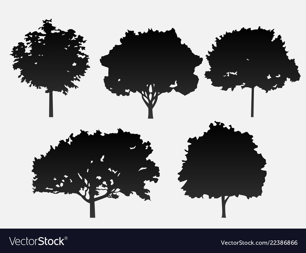 Five Black Trees on Gray Background