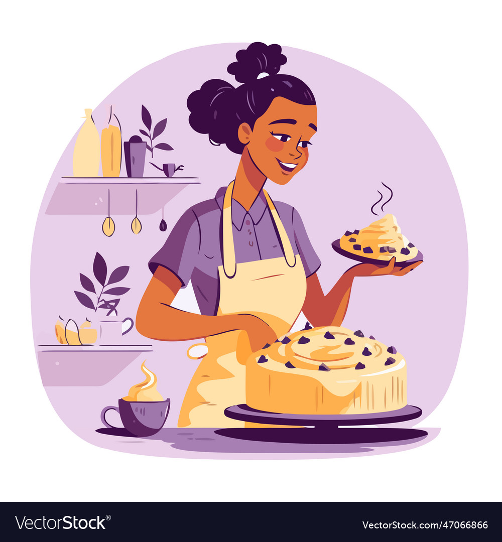 Smiling woman in aprons bake sweet cakes Vector Image