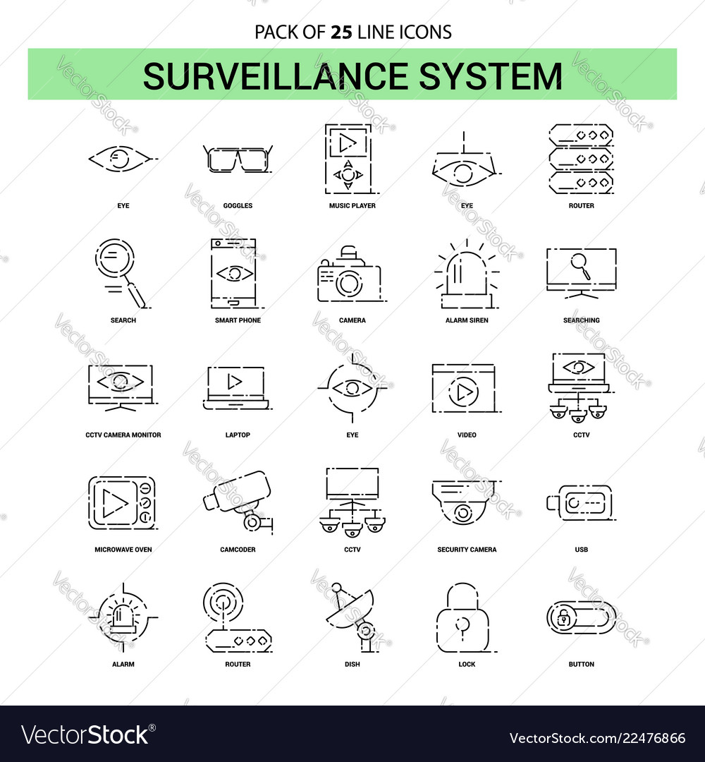 Surveillance line icon set - 25 gestrichelte Umrisse