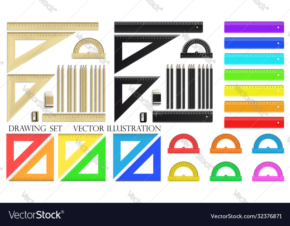 Drawing set ruler protractor pencils eraser vector image Drawing set ruler protractor pencils eraser