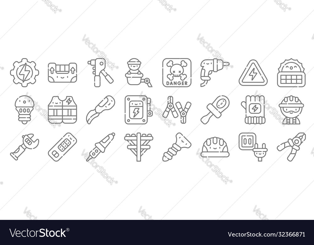 Electrician tools and line icons linear set