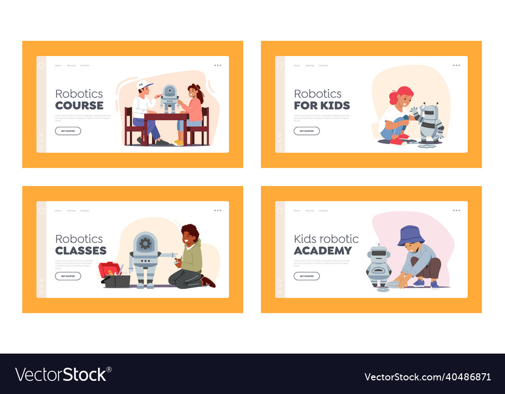 Kids programming robots landing page template set vector image Kids programming robots landing page template set