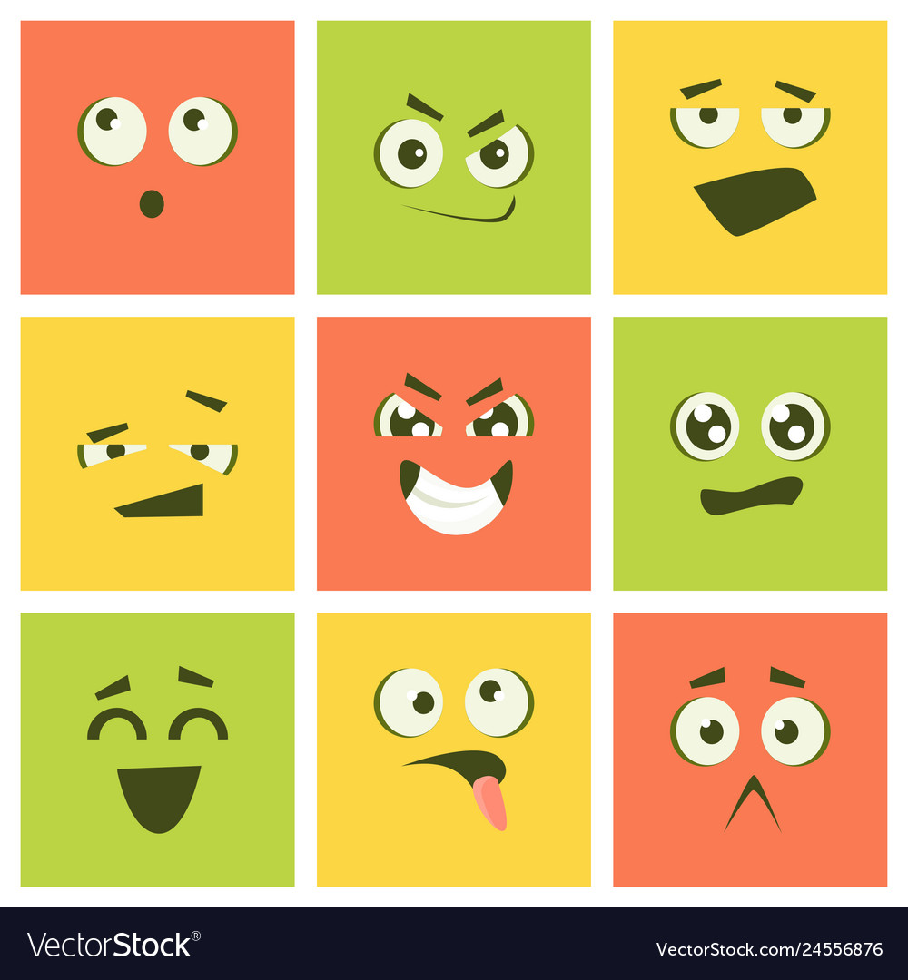 Cute kawaii emoticons set colorful emoji squares Vector Image