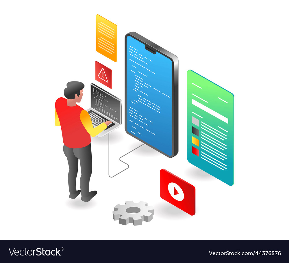 Flat isometric concept a layout programmer at work vector image Flat isometric concept a layout programmer at work
