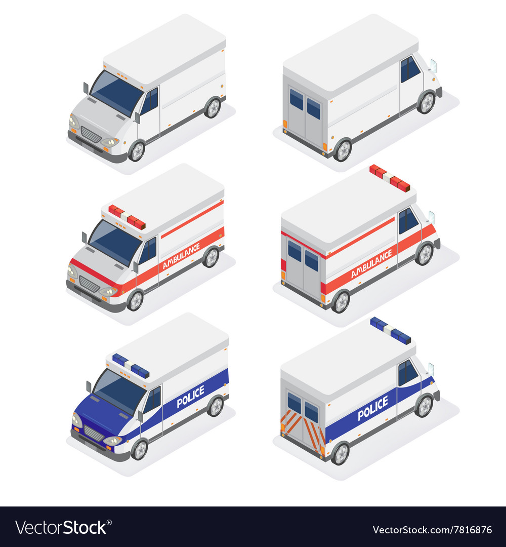 Isometric vans set with ambulance and police car
