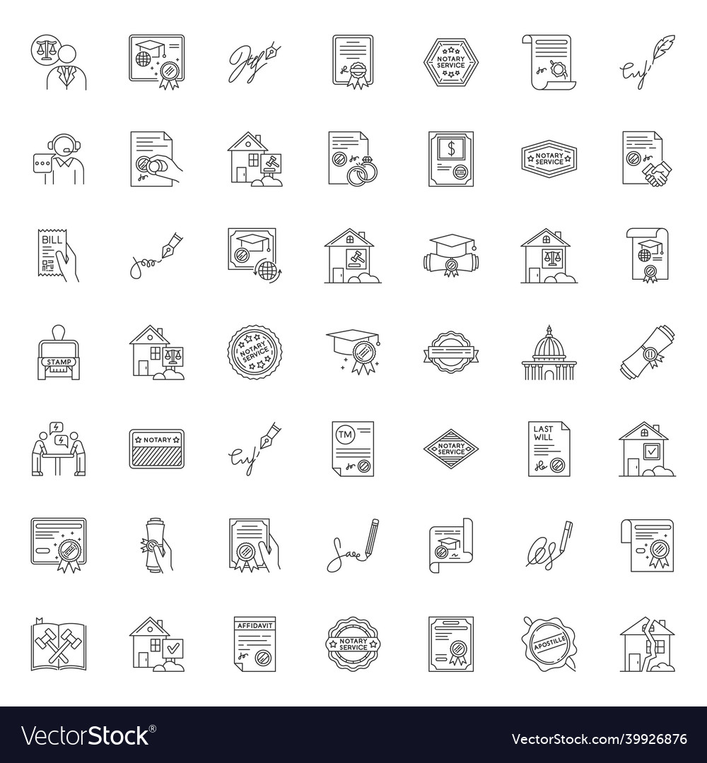 Notary services pixel perfect linear icons set vector image Notary services pixel perfect linear icons set
