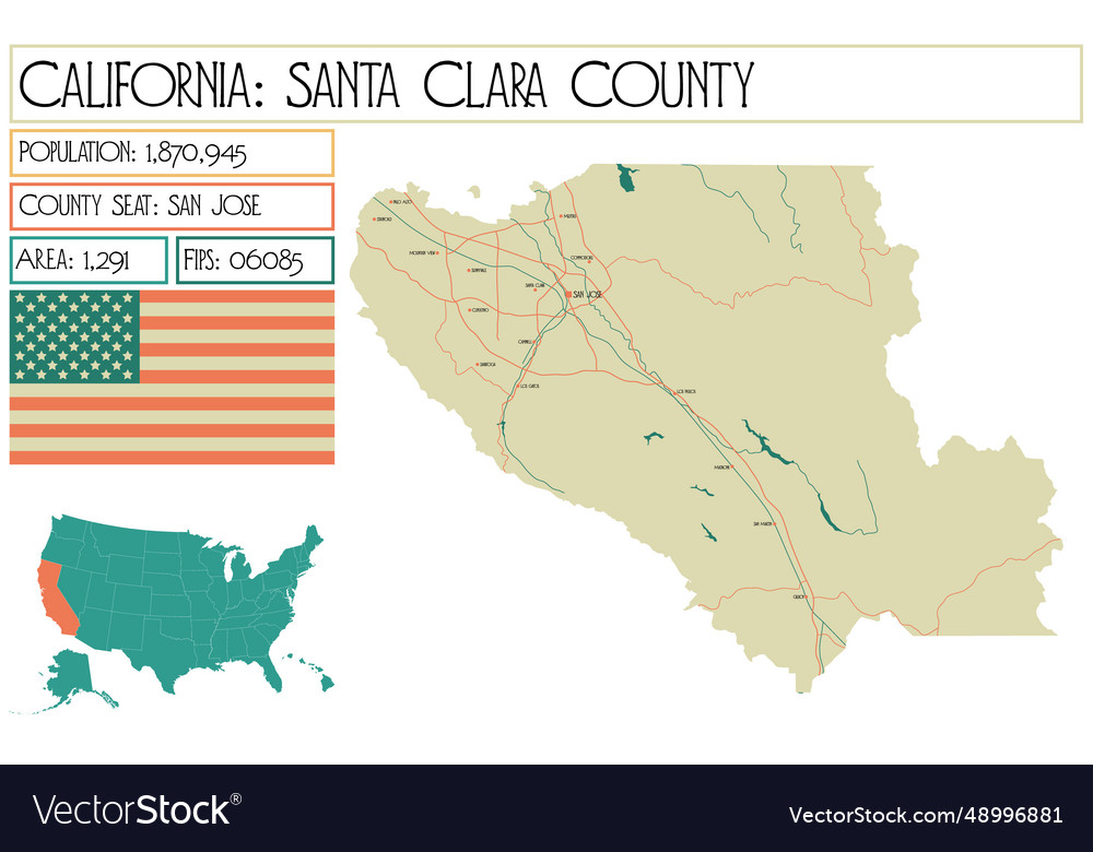 Large and detailed map of santa clara county Vector Image