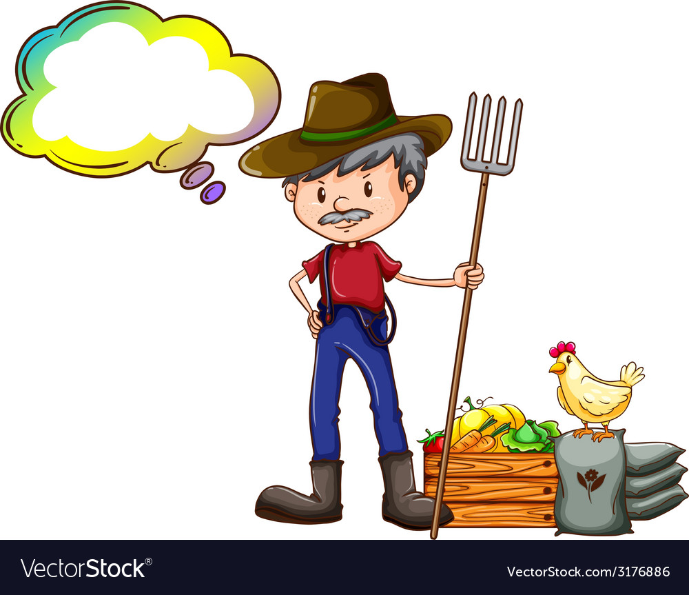 A farmer holding rake with an empty callout