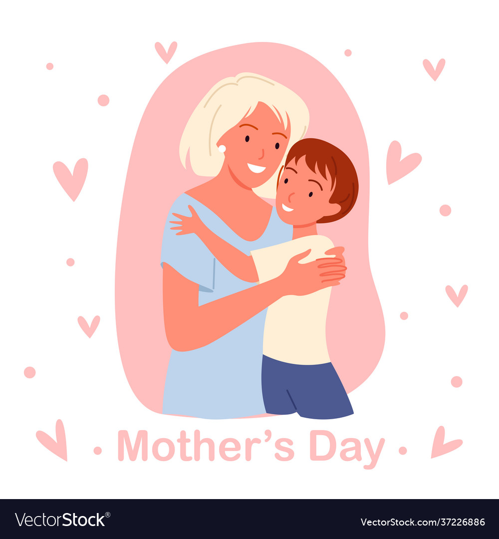 Cartoon young happy mom holding baby boy in hands