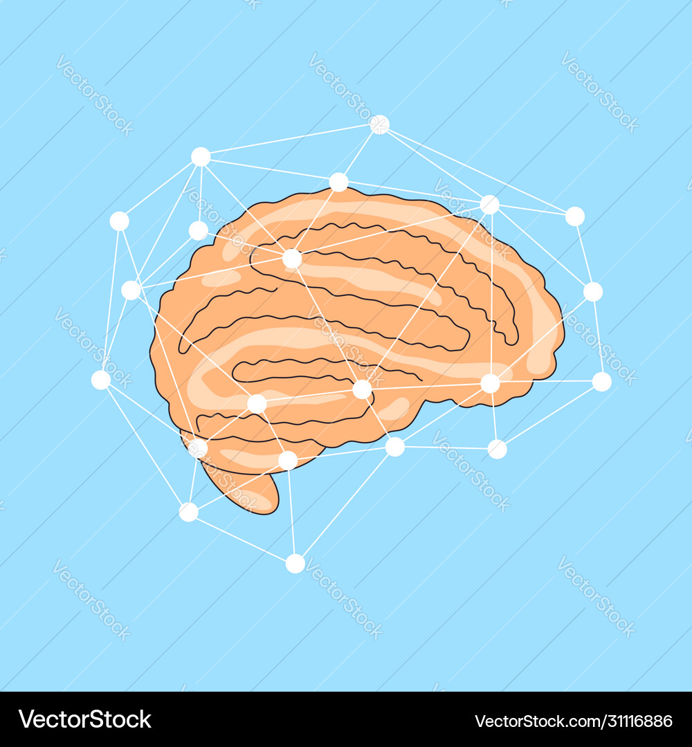 Flat brain with network Royalty Free Vector Image