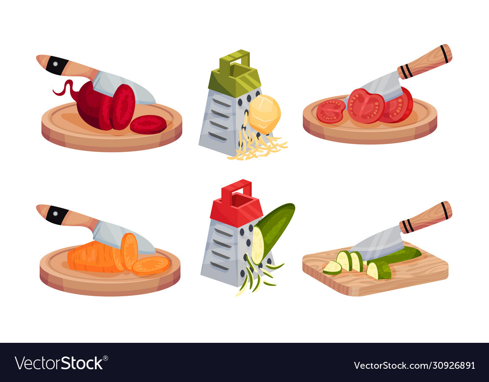 Cutting raw vegetables with knife and grating Vector Image