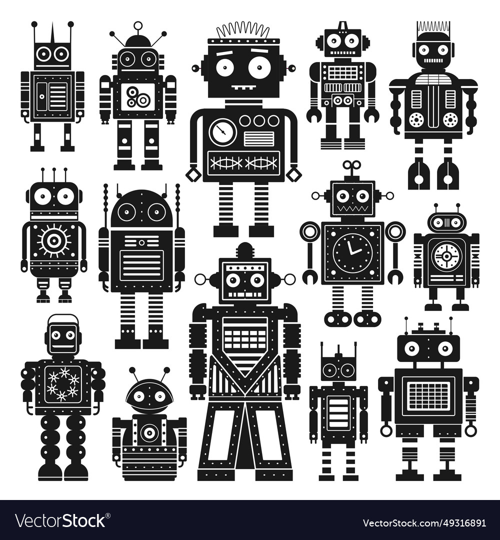 Retro robots and space mechanical toys set vector image Retro robots and space mechanical toys set