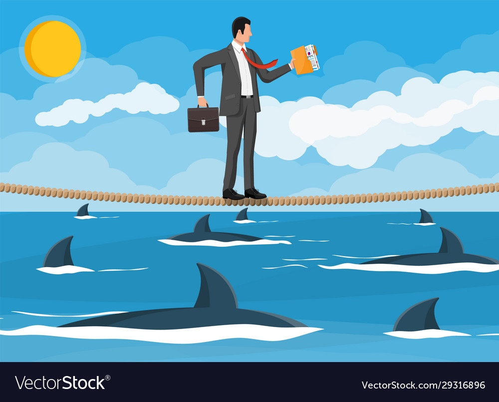 Businessman walking a tightrope over shark in sea