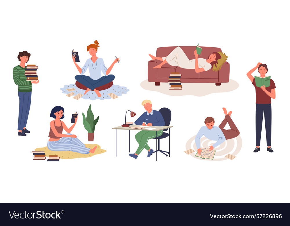 Cartoon young woman holding book and studying man