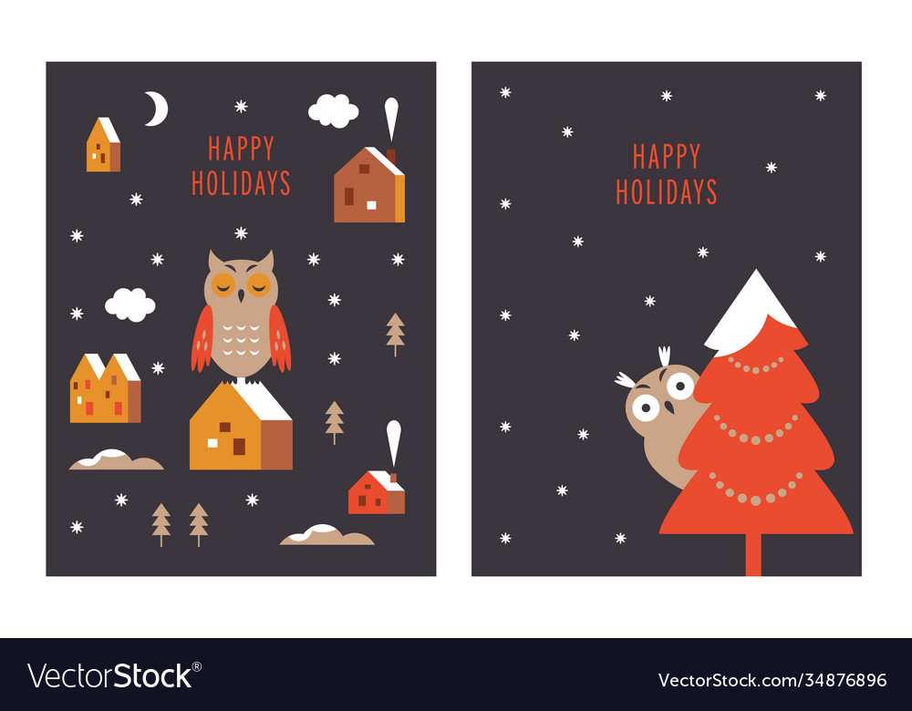 Cute owls in minimalist style christmas cards Vector Image